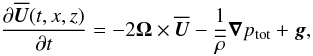 Mathematical equation: \begin{equation} {\partial\meanUU(t,x,z)\over\partial t}= -2\OO\times\meanUU -{1\over \meanrho} \nab p_{\rm tot}+\grav, \label{A1} \end{equation}