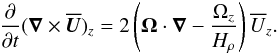Mathematical equation: \begin{eqnarray} {\partial\over\partial t} (\nab \times \meanUU)_z= 2 \left(\OO\cdot\nab - {\Omega_{z}\over H_\rho} \right) \meanU_z. \label{B1} \end{eqnarray}