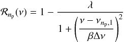 \begin{equation} \label{modulation} \Frot_{\np} (\nu) = 1 - {\minir \over 1 + {\displaystyle{\left( { \nu - \nu_{\np, 1} \over \beta \Dnu} \right)^2}}} \end{equation}