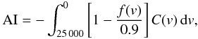 Mathematical equation: \begin{equation} % {\rm AI} = - \int_{25\,000}^{0}\left[ 1 - \frac{f(v)}{0.9} \right] C(v) \, {\rm d}v, \label{eq:AI} \end{equation}