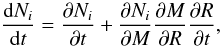 \begin{equation} \label{eq2} \frac{{\rm d}N_i}{{\rm d}t}=\frac{\partial{N_i}}{\partial{t}}+\frac{\partial{N_i}} {\partial{M}}\frac{\partial{M}}{\partial{R}}\frac{\partial{R}}{\partial{t}}, \end{equation}