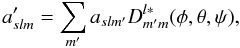 \appendix \setcounter{section}{1} \begin{equation} a'_{slm} = \sum_{m'} a_{slm'} D^{l\ast}_{m'm}(\phi,\theta,\psi)\text{,} \label{rotation} \end{equation}