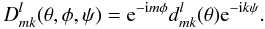 \appendix \setcounter{section}{1} \begin{equation} D^l_{mk}(\theta,\phi,\psi) = {\rm e}^{-{\rm i}m\phi} d^l_{mk}(\theta) {\rm e}^{-{\rm i}k\psi}. \label{reduced_def} \end{equation}