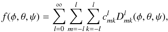 \appendix \setcounter{section}{1} \begin{equation} f(\phi,\theta,\psi) = \sum^\infty_{l=0}\sum^l_{m=-l}\sum^l_{k=-l} c^l_{mk} D^{l}_{mk}(\phi,\theta,\psi)\text{,} \label{wigner_series} \end{equation}