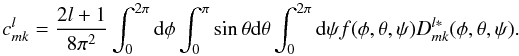 \appendix \setcounter{section}{1} \begin{equation} c^l_{mk} = \frac{2l+1}{8\pi^2} \int_0^{2\pi}{\rm d}\phi \int_0^\pi\sin\theta {\rm d}\theta \int_0^{2\pi} {\rm d}\psi f(\phi,\theta,\psi) D^{l\ast}_{mk}(\phi,\theta,\psi)\text{.} \label{wigner_coeff} \end{equation}