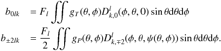 \appendix \setcounter{section}{1} \begin{eqnarray} b_{ 0lk} &&= \sqbeam \iint g_T(\theta,\phi) D^l_{k,0}(\phi,\theta,0) \sin\theta {\rm d}\theta {\rm d}\phi \nonumber \\ \label{beam_general} b_{\pm 2lk} &&= \frac{\sqbeam}{2} \iint g_P(\theta,\phi) D^l_{k,\mp 2}(\phi,\theta,\psi(\theta,\phi)) \sin\theta {\rm d}\theta {\rm d}\phi\text{.} \end{eqnarray}