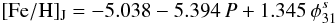 \begin{equation} \label{eq:metrr0} \mathrm{[Fe/H]_J} = -5.038 - 5.394\, P + 1.345\, \phi^s_{31} \end{equation}