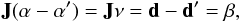 Mathematical equation: \begin{equation} {\bf J} ({\bf \alpha}-{\bf\alpha^\prime})={\bf J} {\bf \nu}={\bf d}-{\bf d^\prime}=\beta, \end{equation}