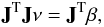 Mathematical equation: \begin{equation} {\bf J}^{\rm T}{\bf J} {\bf \nu}={\bf J}^{\rm T} \beta, \label{eq:direct} \end{equation}