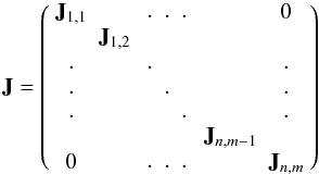 Mathematical equation: \begin{equation} {\bf J}= \left(\begin{array}{c c c c c} {\bf J}_{1,1}& & \begin{array}{c c c}.&.&.\end{array} & & 0 \\ &{\bf J}_{1,2}& & & \\ \begin{array}{c}.\\.\\.\end{array}& &\begin{array}{c c c}.&&\\&.&\\&&.\end{array}& & \begin{array}{c}.\\.\\.\end{array} \\ & & &{\bf J}_{n,m-1}& \\ 0 & &\begin{array}{c c c}.&.&.\end{array}& &{\bf J}_{n,m}\\ \end{array}\right) \end{equation}