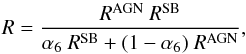 Mathematical equation: \begin{equation} \label{eq:Ralpha6} R=\dfrac{\RAGN~\RSB}{\alfa~\RSB + (1-\alfa)~\RAGN}, \end{equation}