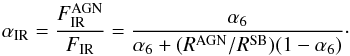Mathematical equation: \begin{equation} \label{eq:alfaIR} \alpha_\mathrm{IR} = \dfrac{F_\mathrm{IR}^\mathrm{AGN}}{F_\mathrm{IR}} = \dfrac{\alfa}{\alfa + (\RAGN/\RSB)(1-\alfa)}\cdot \end{equation}