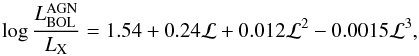 Mathematical equation: \begin{equation} \label{eq:bolcor} \log \dfrac{L^\mathrm{AGN}_\mathrm{BOL}}{L_\mathrm{X}} = 1.54 + 0.24\mathcal{L} + 0.012\mathcal{L}^2 - 0.0015\mathcal{L}^3, \end{equation}