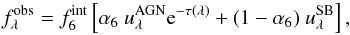 Mathematical equation: \begin{equation} \label{eq:model} \Fobs = \Fint \left[\alfa~\tempAGN \mathrm{e}^{-\tau(\lambda)} + (1 - \alfa)~\tempSB \right], \end{equation}