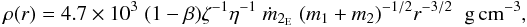 Mathematical equation: \begin{equation} \rho(r)=4.7 \times 10^3 \; (1-\beta) \zeta^{-1} \eta^{-1} \; \dot{m}_{2_{\rm E}} \; (m_1+m_2)^{-1/2} r^{-3/2} \hspace{.2cm} {\rm g\,cm^{-3}}, \label{eq3} \end{equation}