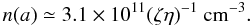 Mathematical equation: $$ n(a) \simeq 3.1 \times 10^{11} (\zeta \eta)^{-1}~{\rm cm^{-3}}. $$