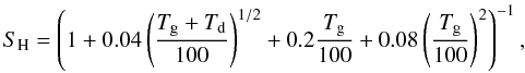 Mathematical equation: \begin{equation} \label{sticking} S_\mathrm{H}=\left(1+0.04\left(\frac{T_{\rm g}+T_{\rm d}}{100}\right)^{1/2}+0.2\frac{T_{\rm g}}{100}+0.08\left(\frac{T_{\rm g}}{100}\right)^2\right)^{-1} , \end{equation}