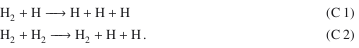 Mathematical equation: \begin{eqnarray*} &&\rm H_2 + H -> H + H + H \\ &&\rm H_2 + H_2 -> H_2 + H + H. \end{eqnarray*}