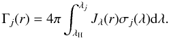 Mathematical equation: \begin{equation} \label{photo1} \Gamma_j(r)=4\pi\int_{\lambda_{\rm H}}^{\lambda_j}J_\lambda(r)\sigma_j(\lambda){\rm d}\lambda . \end{equation}