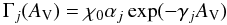 Mathematical equation: \begin{equation} \label{photo2} \Gamma_j(A_{\rm V})=\chi_0 \alpha_j\exp(-\gamma_j A_{\rm V}) \end{equation}