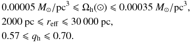 Mathematical equation: \begin{eqnarray*} && 0.00005~{M_{\sun}/{\rm pc}^3} \leqslant \Omega_{\rm{h}}({\sun}) \leqslant 0.00035~{M_{\sun}/{\rm pc}^3}, \\ && 2000~{\rm pc} \leqslant r_{\rm{eff}} \leqslant 30\,000~{\rm pc}, \\ && 0.57 \leqslant q_{\rm{h}} \leqslant 0.70. \end{eqnarray*}