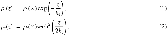 Mathematical equation: \begin{eqnarray} \label{eq:exp:thick} \rho_{\rm{t}}(z) &=& \rho_{\rm{t}}(\sun)\exp\left( -\frac{z}{h_{\rm{t}}}\right), \\ \rho_{\rm{t}}(z) &=& \rho_{\rm{t}}(\sun)\mathrm{sech}^2\left(\frac{z}{2h_{\rm{t}}}\right), \end{eqnarray}