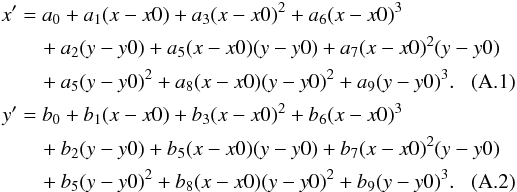 Mathematical equation: \appendix \setcounter{section}{1} \begin{align} x'&=a_0+a_1(x-x0)+a_3(x-x0)^2+a_6(x-x0)^3\nonumber\\&\quad+ a_2(y-y0)+ a_5(x-x0)(y-y0)+a_7(x-x0)^2(y-y0)\nonumber\\&\quad+ a_5(y-y0)^2+a_8(x-x0)(y-y0)^2+a_9(y-y0)^3 . \\ y'&=b_0+b_1(x-x0)+b_3(x-x0)^2+b_6(x-x0)^3\nonumber\\&\quad+ b_2(y-y0)+b_5(x-x0)(y-y0)+b_7(x-x0)^2(y-y0)\nonumber\\&\quad+ b_5(y-y0)^2+b_8(x-x0)(y-y0)^2+b_9(y-y0)^3 . \end{align}