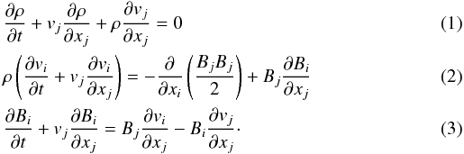Mathematical equation: \begin{eqnarray} \label{MHD1} &&\frac{\partial \rho}{\partial t} + v_j \frac{\partial \rho}{\partial x_j} + \rho \frac{\partial v_j}{\partial x_j} = 0 \\\label{MHD2} &&\rho \left( \frac{\partial v_i}{\partial t} + v_j \frac{\partial v_i}{\partial x_j} \right) = -\frac{\partial}{\partial x_i} \left( \frac{B_j B_j}{2} \right) + B_j \frac{\partial B_i}{\partial x_j} \\\label{MHD3} &&\frac{\partial B_i}{\partial t} + v_j \frac{\partial B_i}{\partial x_j} = B_j \frac{\partial v_i}{\partial x_j} - B_i \frac{\partial v_j}{\partial x_j} \cdot \end{eqnarray}