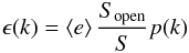 Mathematical equation: \begin{equation} \label{enspect} \epsilon(k) = \langle e \rangle \, \frac{S_{\rm open}}{S} p(k) \end{equation}