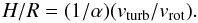 Mathematical equation: \begin{equation} \label{eq:HtoR} H/R = (1/\alpha) (v_{\rm turb}/v_{\rm rot}). \end{equation}