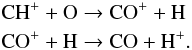 Mathematical equation: \begin{eqnarray*} &&{\rm CH^{+} + O \rightarrow CO^{+} + H} \\ &&{\rm CO^{+} + H \rightarrow CO + H^{+}.} \end{eqnarray*}