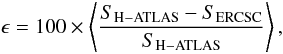 Mathematical equation: \begin{equation} \epsilon = 100 \times \left\langle \frac{S_{\rm {\tiny H-ATLAS}}-S_{\rm {\tiny ERCSC}}}{S_{\rm {\tiny H-ATLAS}}} \right\rangle, \end{equation}