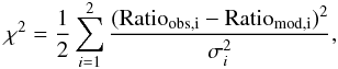 Mathematical equation: \appendix \setcounter{section}{2} \begin{equation} \label{eq:redChi} \chi^2 = \frac{1}{2} \sum_{i=1}^2 \frac{({\rm Ratio_{obs, i}} - {\rm Ratio_{mod, i}})^2}{\sigma_i^2} , \end{equation}