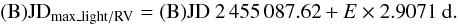 Mathematical equation: \begin{equation*} {\rm (B)JD_{max\_light/RV} = (B)JD~2\,455\,087.62} + E \times 2.9071~{\rm d}. \end{equation*}