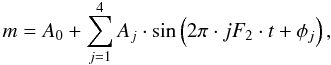 Mathematical equation: \begin{equation} m=A_{0}+\sum_{j=1}^{4} A_{j} \cdot \sin\left(2\pi \cdot jF_{2} \cdot t + \phi_{j}\right), \end{equation}