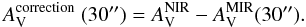 Mathematical equation: \begin{equation} A_\mathrm{V}^\mathrm{correction} \ (30\arcsec) = A_\mathrm{V}^\mathrm{NIR} - A_\mathrm{V}^\mathrm{MIR} (30\arcsec). \end{equation}