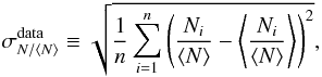 Mathematical equation: \begin{equation} \sigma^\mathrm{data}_{N / \langle N \rangle} \equiv \sqrt{ \frac{1}{n} \sum_{i=1}^n \left(\frac{N_i}{\langle N \rangle} - \left< \frac{N_i}{\langle N \rangle} \right> \right)^2}, \label{eq:sigma_N} \end{equation}