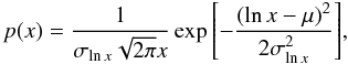 Mathematical equation: \begin{equation} p(x) = \frac{1}{ \sigma_{\ln{x}} \sqrt{2\pi} x } \exp{\left[-\frac{(\ln{x}- \mu )^2}{2 \sigma_{\ln{x}}^2}\right]}, \label{eq:lognormal} \end{equation}