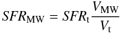 Mathematical equation: \begin{equation} {\it SFR}_{\rm MW} = {\it SFR}_{\rm t} \frac{V_{\rm MW}}{V_{\rm t}} \end{equation}