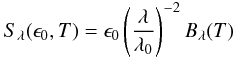 Mathematical equation: \begin{equation} S_\lambda(\epsilon_0, T) = \epsilon_0 \left(\frac{\lambda}{\lambda_0}\right)^{-2}B_\lambda(T) \label{eq:greybody} \end{equation}