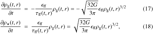 Mathematical equation: \begin{eqnarray} \label{eq:mgdif} \frac{\partial \rho_{\rm g}(t,r)}{\partial t} &=& -\frac{\eff}{\tff(t,r)} \rho_{\rm g}(t,r)=-\sqrt{\frac{32G}{3\pi}} \eff \rho_{\rm g}(t,r)^{3/2} \\ \label{eq:mstdif} \frac{\partial \rhost(t,r)}{\partial t} &=& \frac{\eff}{\tff(t,r)} \rho_{\rm g}(t,r)=\sqrt{\frac{32G}{3\pi}} \eff \rho_{\rm g}(t,r)^{3/2}, \end{eqnarray}