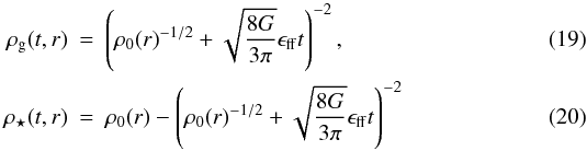 Mathematical equation: \begin{eqnarray} \rho_{\rm g}(t,r) &=& \left( \rho_0(r)^{-1/2} + \sqrt{\frac{8G}{3\pi}} \eff t \right)^{-2}, \label{eq:mgsol} \\ \rhost(t,r) &=& \rho_0(r) - \left( \rho_0(r)^{-1/2} + \sqrt{\frac{8G}{3\pi}} \eff t \right)^{-2} \label{eq:mstsol} \end{eqnarray}