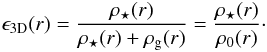 Mathematical equation: \begin{equation} \epsilon_{\rm 3D}(r) = \frac{\rhost(r)}{\rhost(r) + \rho_{\rm g}(r)} = \frac{\rhost(r)}{\rho_0(r)}\cdot \label{eq:sfe3d} \end{equation}