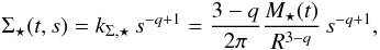 Mathematical equation: \begin{equation} \Sigst(t,s) = k_{\Sigma, \star} \, s^{-q + 1} = \frac{3-q}{2 \pi} \frac{M_{\star}(t)}{R^{3-q}} \, s^{-q+1}, \label{eq:sigst} \end{equation}