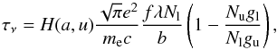 Mathematical equation: \appendix \setcounter{section}{1} \begin{equation} \tau_{\nu} = H(a,u) \frac{\sqrt{\pi} e^2}{m_{\rm e} c} \frac{f \lambda N_{\rm l}}{b} \left( 1 - \frac{N_{\rm u} g_{\rm l}}{N_{\rm l} g_{\rm u}} \right),\vspace*{3mm} \end{equation}