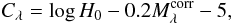Mathematical equation: \begin{equation} \label{eq:hubble:03} C_{\lambda} = \log H_{0} - 0.2 M_{\lambda}^\mathrm{corr} -5, \end{equation}