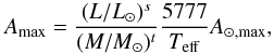 Mathematical equation: \begin{equation} A_{\rm max}= \frac{(L/L_{\odot})^s}{(M/M_\odot)^t} \frac{5777}{T_{\rm eff}} A_{\odot, {\rm max}}, \end{equation}