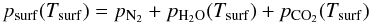 Mathematical equation: \begin{equation} \label{dynamicpress} p_{\rm{surf}}(T_{\rm{surf}})=p_{\rm{N_{2}}}+p_{\rm{H_2O}}(T_{\rm{surf}})+p_{\rm{CO_2}}(T_{\rm{surf}}) \end{equation}