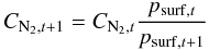 Mathematical equation: \begin{equation} \label{dynamicpress_vmr} C_{{\rm N}_{2},t+1}=C_{{\rm N}_{2},t} \frac{p_{{\rm surf},t}}{p_{{\rm surf},t+1}} \end{equation}