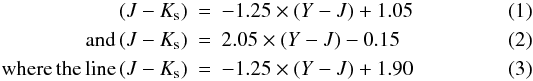 Mathematical equation: \begin{eqnarray} (J-K_\mathrm{s}) &=& -1.25\times(Y-J) + 1.05\label{one}\\ \mathrm{and\,} (J-K_\mathrm{s}) &=& 2.05\times(Y-J) - 0.15 \label{two}\\ \mathrm{where\,the\,line\,} (J-K_\mathrm{s}) &=& -1.25\times(Y-J) + 1.90 \label{three} \end{eqnarray}